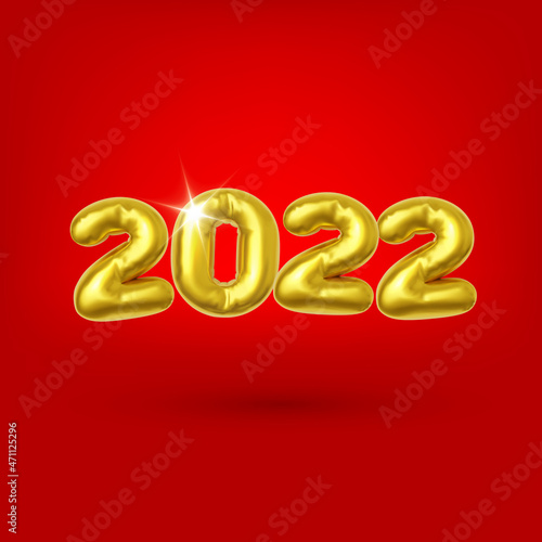 Gold Foil Christmas Balloons in Form of Numbers 2022, with Glitter Star and Shadow Effect. Holiday Party Decoration, or Postcard Concept Isolated on Red Background