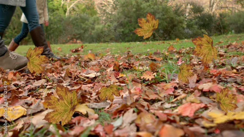 Animation of autumn leaves falling over family walking in park Animation of autumn leaves falling over family walking in park
