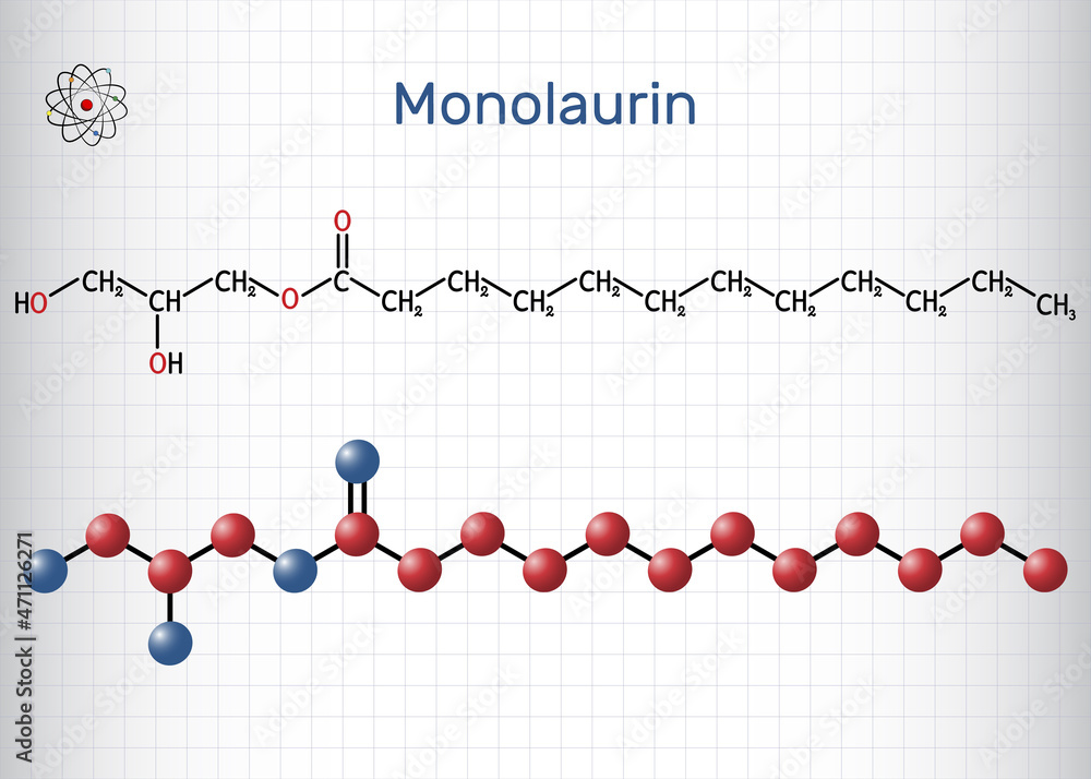 Monolaurin, glycerol monolaurate, glyceryl laurate molecule. It is monoglyceride and dodecanoate, used as surfactant in cosmetics. Structural formula, molecule model. Sheet of paper in a cage