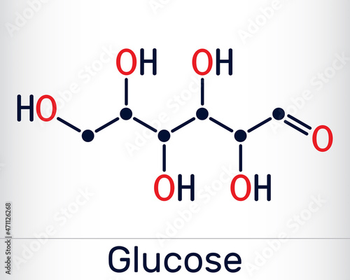 Glucose, dextrose, D-glucose, glucopyranose, C6H12O6 molecule. It is simple sugar, monosaccharide, subcategory of carbohydrates. Skeletal chemical formula