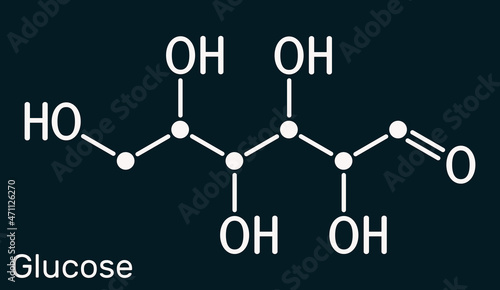 Glucose, dextrose, D-glucose, glucopyranose, C6H12O6 molecule. It is simple sugar, monosaccharide, subcategory of carbohydrates. Skeletal chemical formula on the dark blue background photo