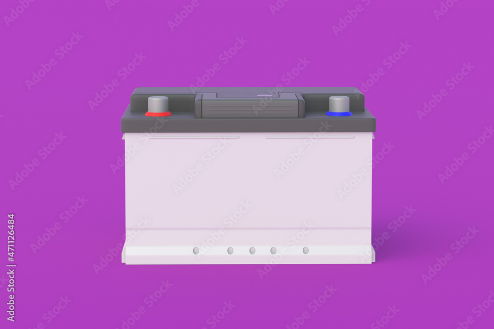 12 V Auto battery on purple background. Battery capacity. Replacement of automotive parts. 3d render 12 V Auto battery on purple background. Battery capacity. Replacement of automotive parts. 3d render