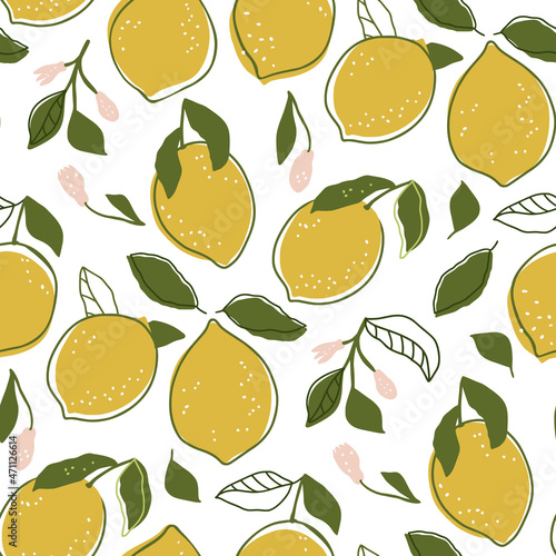 Summer yellow lemon fruit cartoon doodle seamless pattern