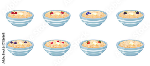 Oatmeal in cup with different berries. Breakfast cereal.