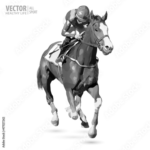Horse racing jockey. Sport. Champion. Racetrack. Equestrian. Derby. Black and white image. Vector illustration © mari