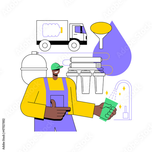 Water filtering system abstract concept vector illustration. Water filtering innovative solution, home treatment system, drinking water delivery service, whole house filtration abstract metaphor.