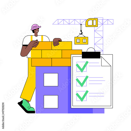 Construction quality control abstract concept vector illustration. Quality management, building progress, project requirements, materials specification, architecture blueprint abstract metaphor.