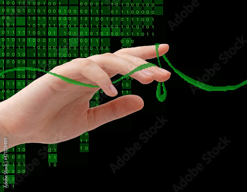 female hand on the background of the program code, the concept of the future digitalization of the metaverse biometrics and virtual reality