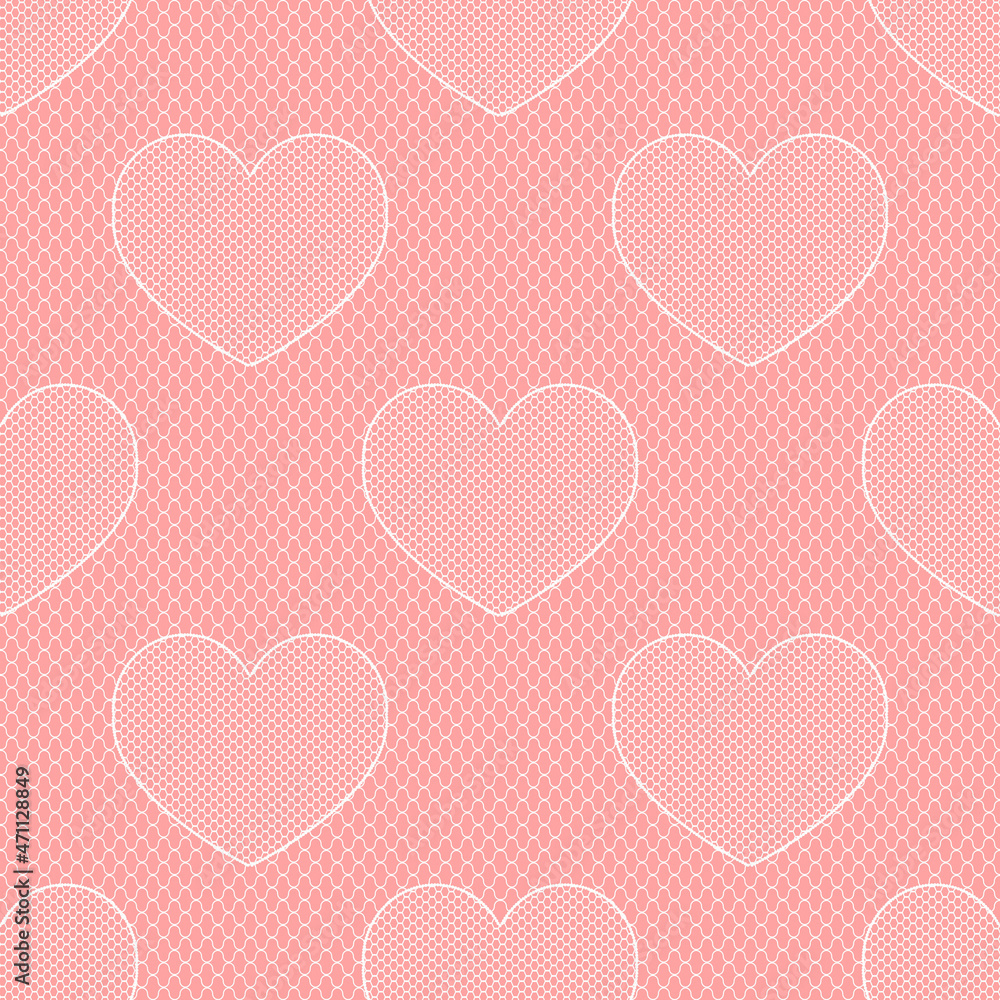 Seamless Pattern with white Lace on Pink Background. Romantic Ornament with Hearts. Vector Illustration.