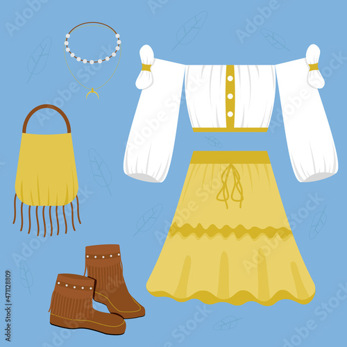 Woman boho outfit set white blouse, yellow skirt, necklace, brown boots