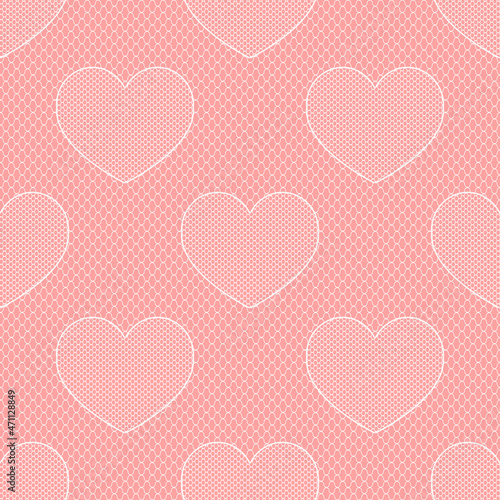 Seamless Pattern with white Lace on Pink Background. Romantic Ornament with Hearts. Vector Illustration.