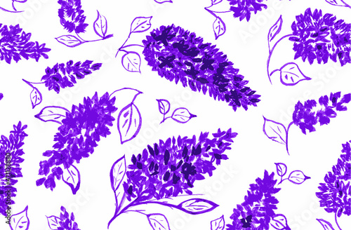 Seamless Pattern with Childish Drawing Lilac Purple Flowers. Vector Illustration.