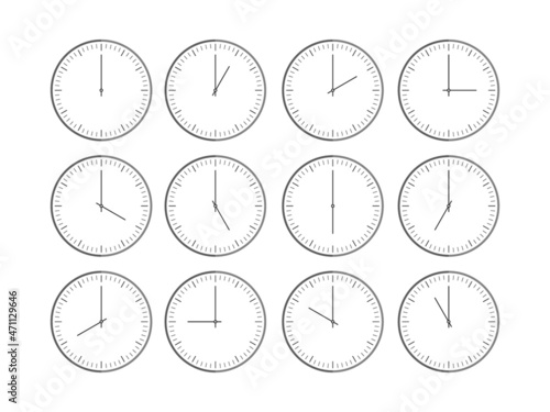 Circle clock with 12 o'clock. Vector icon set of mechanical wall clock face timers with intervals. Twelve hours. Business watch isolated on white background. International timepiece display.Time zones