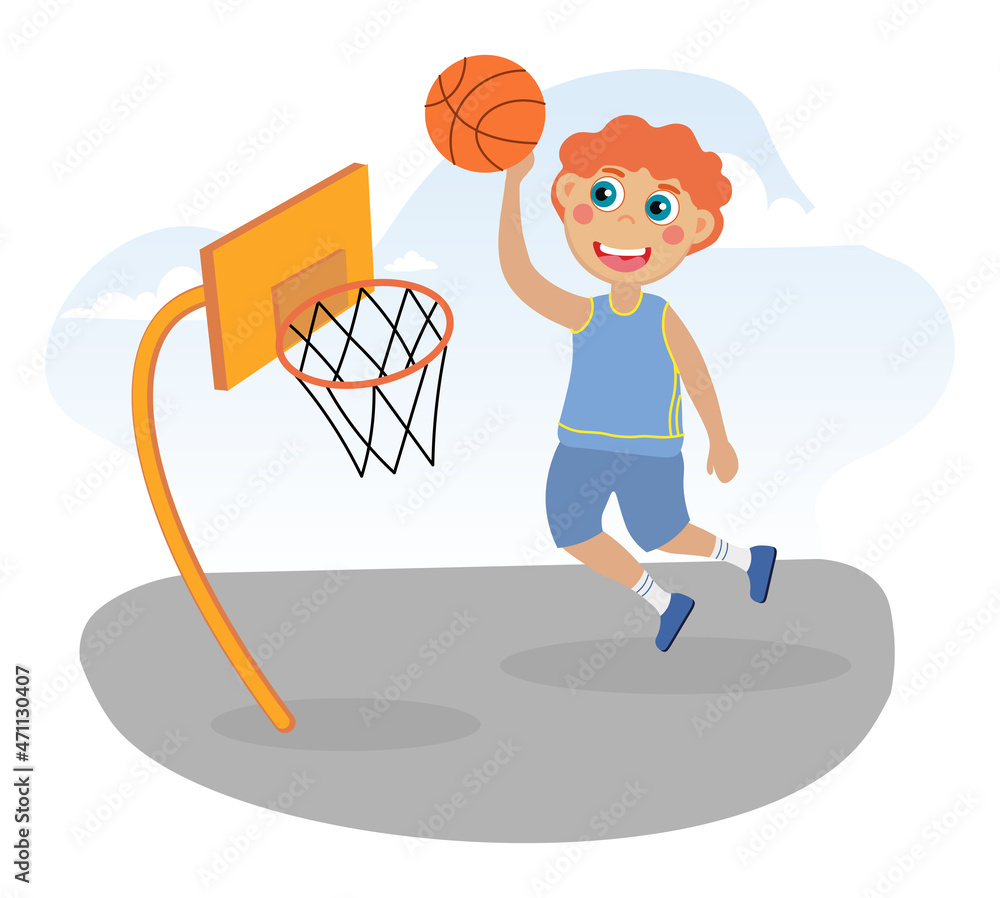 Team Sport basketball. Boy tries to throw ball into basket. Future athlete, young athlete, talent. Character resting after lessons, honing skills. Outdoor activity. Cartoon flat vector illustration