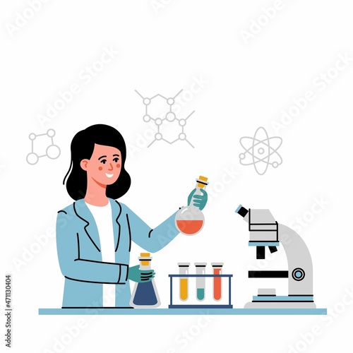 Female doctor or scientific researcher holds in hands flasks in a laboratory and doing chemical research, reaction or medical test. Vector illustration