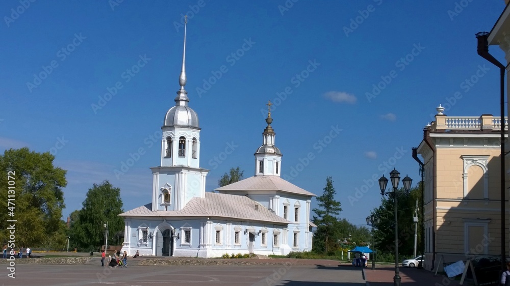 Naklejka premium Ancient historical building of orthodox church cathedral in Russia, Ukraine, Belorus, Slavic people faith and beleifs in Christianity Vologda