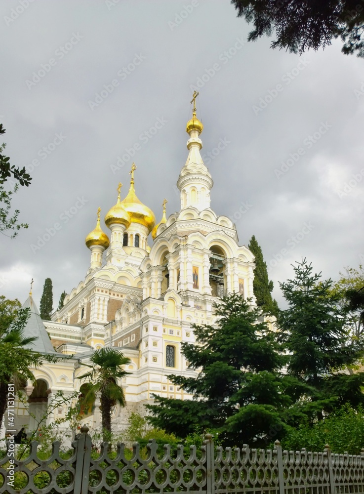 Ancient historical building of orthodox church cathedral in Russia, Ukraine, Belorus, Slavic people faith and beleifs in Christianity Yalta