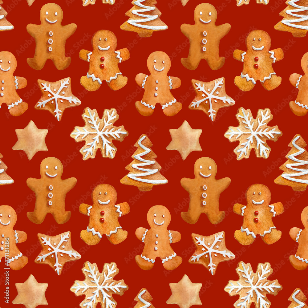 Gingerbread man, seamless pattern, Christmas sweets watercolor illustrations