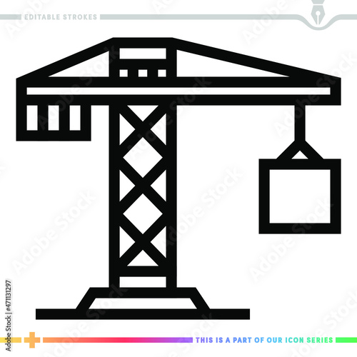 The editable line icon of construction crane can be used as a customizable black stroke vector illustration.