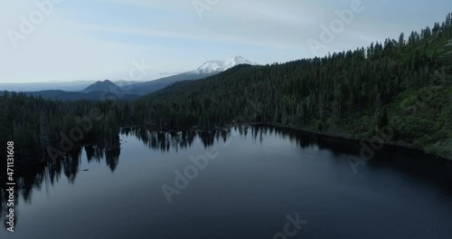 Drone video of Castle Lake, aerial shot of Mount Shasta, Shasta-Trinity National Forest, California, USA photo