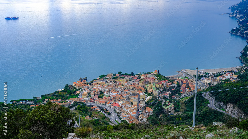top view of Vietri sul Mare, Salerno, Italy. village with sea and ship