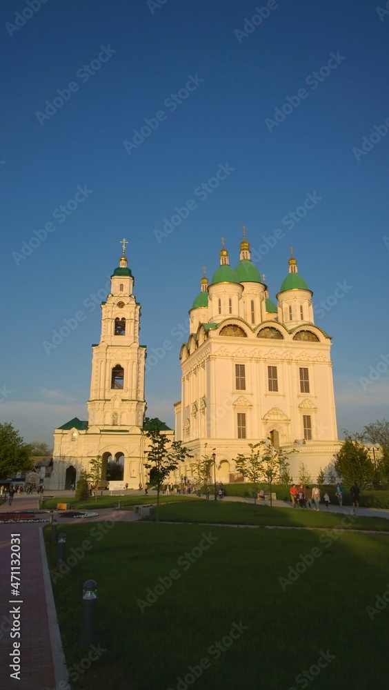 Ancient historical building of orthodox church cathedral in Russia, Ukraine, Belorus, Slavic people faith and beleifs in Christianity Astrakhan