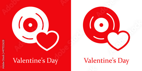 Logotipo con texto Valentine's Day con disco de vinilo con corazón para su uso en invitaciones y tarjetas de felicitación en fondo rojo y fondo blanco