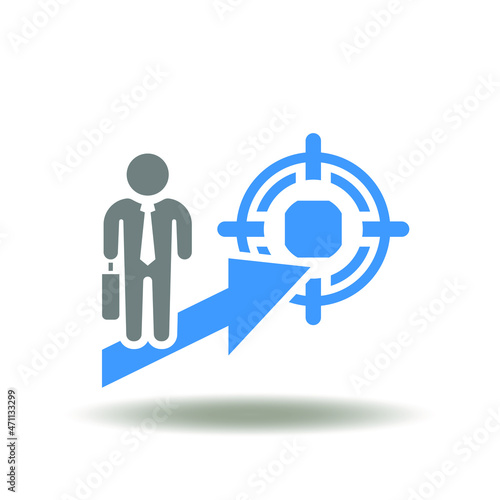Vector illustration of businessman moving in direction of arrow towards target. Icon of onboarding. Symbol of employee career.