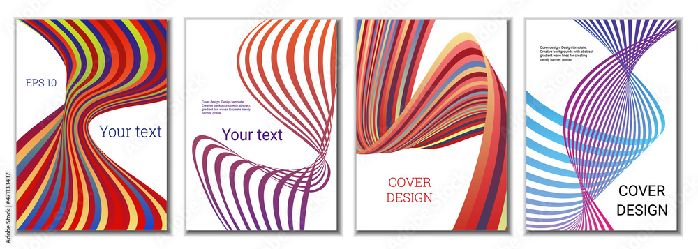 A set of 4 abstract covers. Wavy parallel gradient lines, ribbons evolve. Cover design, background. Trendy banner, poster. A set of 4 abstract covers. Wavy parallel gradient lines, ribbons evolve. Cover design, background. Trendy banner, poster.