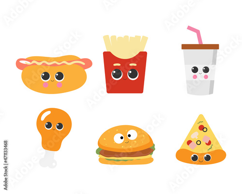 Set of cute fast food characters in cartoon style. Vector illustrations. Coffee, burger, hot dog, pizza slice, french fries. Use in the menu, in the shop, in the bar, the card or stickers.