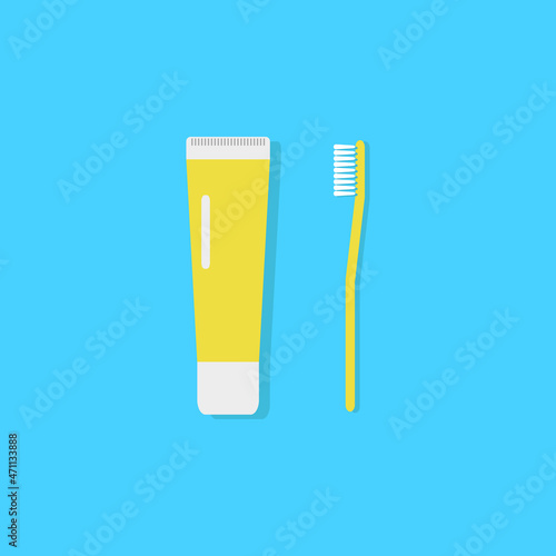 flat style illustration of a toothbrush and a tube of toothpaste on a blue background. concept of dentistry, daily oral hygiene
