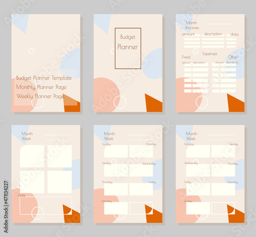 Budget Planner template Size A4. Abstract geometric background. Printable vertical notebook page. Week starts on Sunday (page #5) and on Monday (page #6)