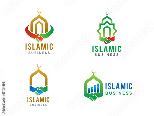 mosque and hand shake logo symbol or icon template