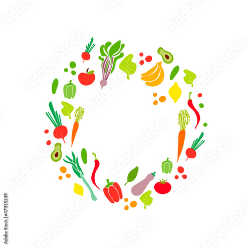 doodle vegetables  circle frame  blank template isolated on white background.