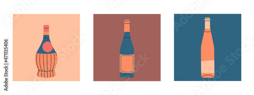 Set of vector flat bottles of wine. Labels without inscriptions. Illustration for bar or restaurant menu design.