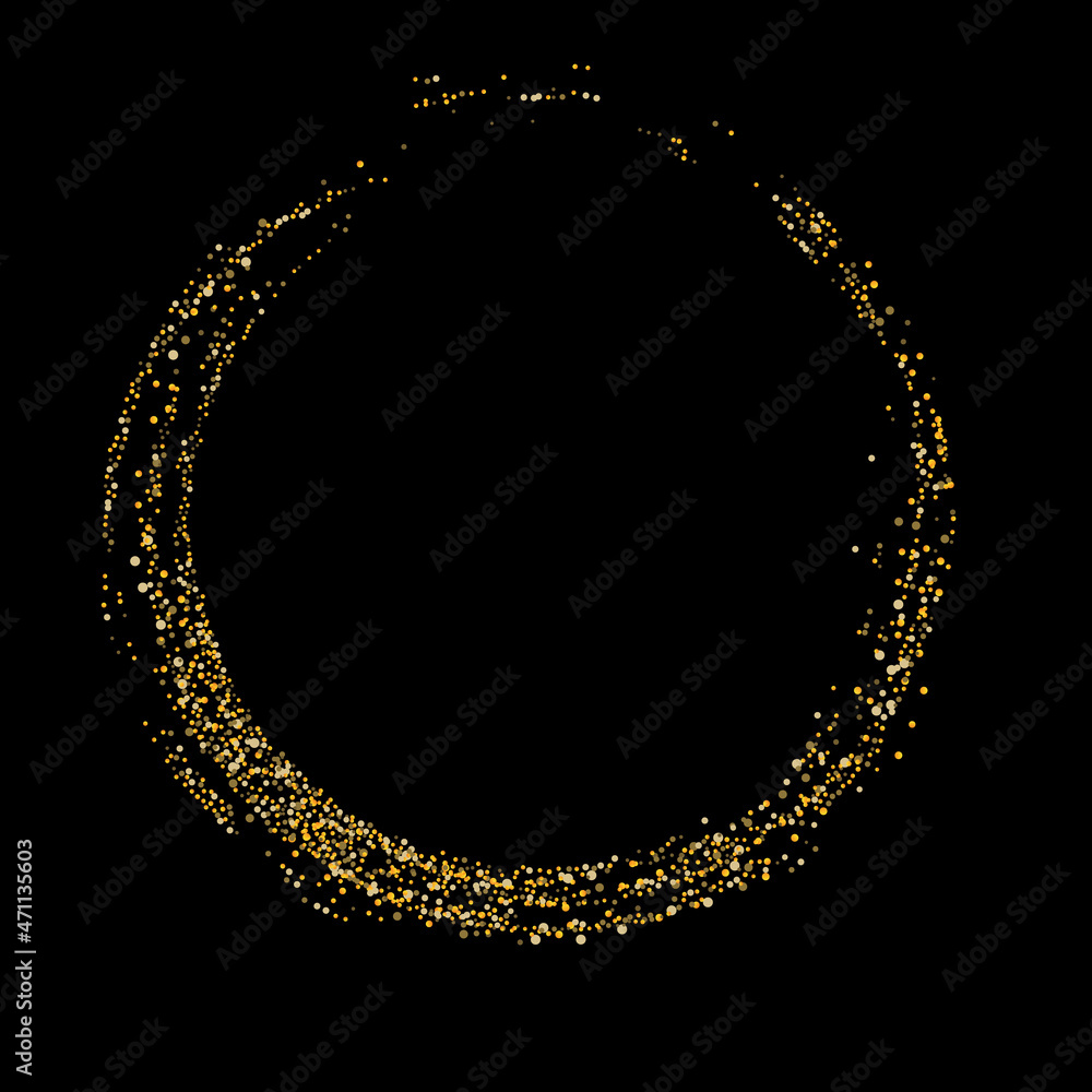 Gold glitter confetti on a black background. Scattered in a circle are shiny particles, sand. Decorative element, golden zen. Luxury background for your design, postcard, vector Gold glitter confetti on a black background. Scattered in a circle are shiny particles, sand. Decorative element, golden zen. Luxury background for your design, postcard, vector