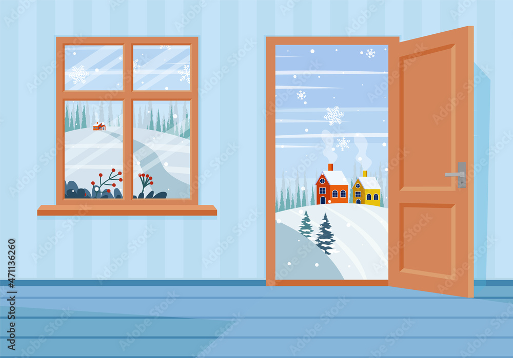 Window and doors into winter landscape. Flat cartoon style vector  illustration. Stock Vector | Adobe Stock