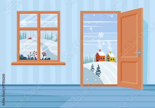 Window and doors into winter landscape. Flat cartoon style vector illustration.