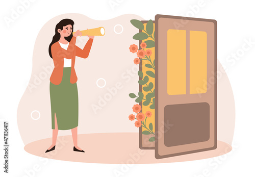 Curiosity and cognition. Girl with binoculars spying on neighbor. Character wants to know other peoples secrets. Espionage, female exploring and observe process. Cartoon flat vector illustration