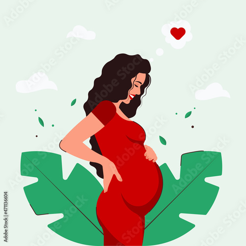 Banner with pregnant elegant woman in red dress, future mom of hugging belly with arms. Happy Mother's Day. Flat vector illustration.