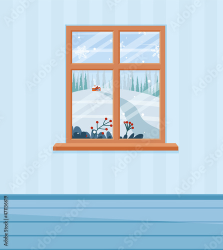Into winter landscape window. Flat cartoon style vector illustration.