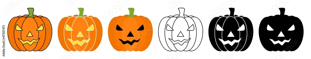 Halloween carved pumpkins set. Jack-o'-lantern vector illustration isolated on white background. Squash collection. Halloween carved pumpkins set. Jack-o'-lantern vector illustration isolated on white background. Squash collection.