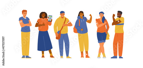 Multiracial people vaccinated flat vector set. Adults showing hands with patches after getting vaccine shot.