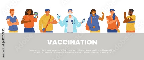 People vaccination against coronavirus flat vector horizontal banner. Multiracial men and women vaccinated showing hands with patches. Doctor holding vaccine and syringe.