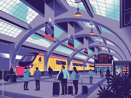 Railway station departure illustration. A couple with travel bags in a busy and crowded train or metro station. Adventure concept.