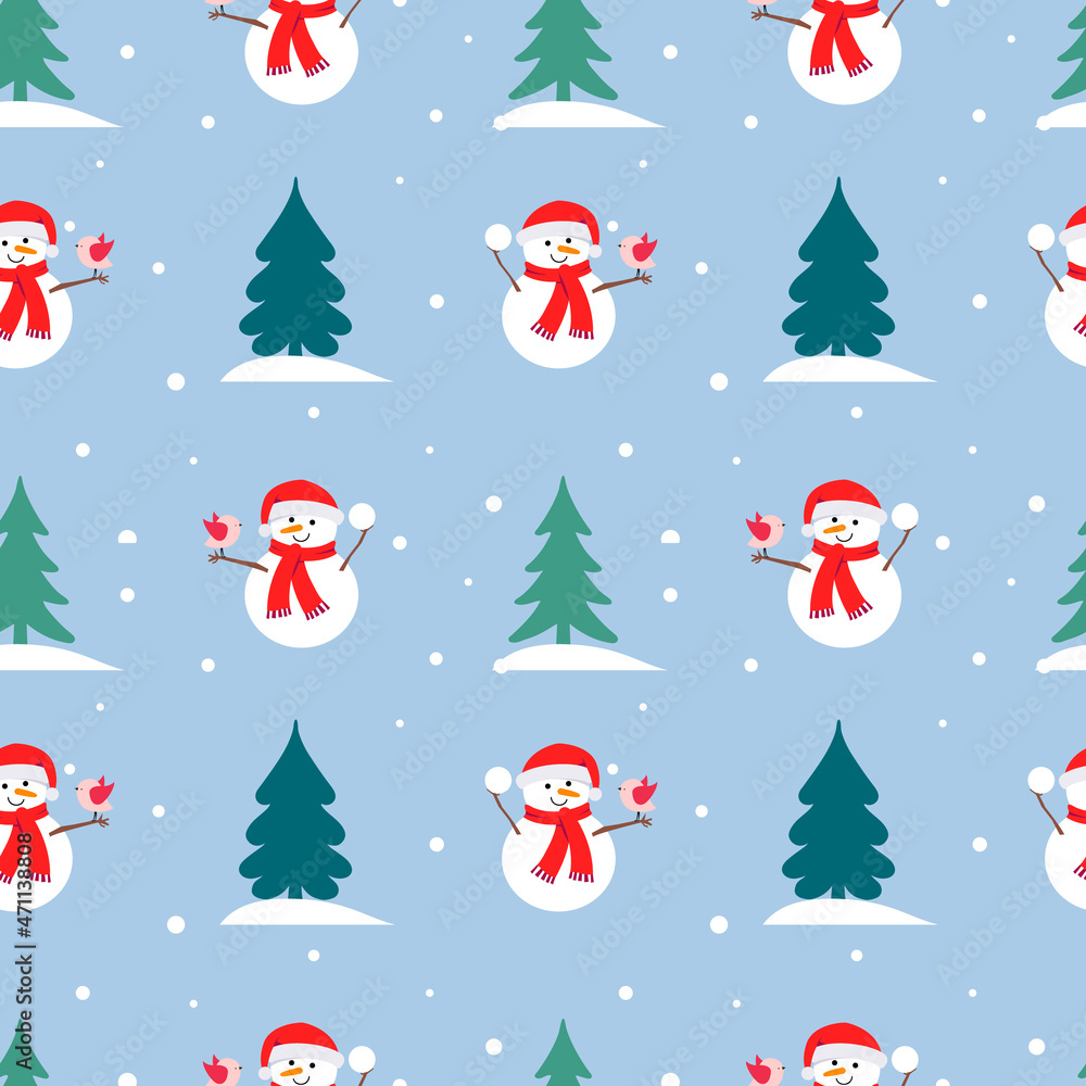Seamless pattern for the Christmas card and New Years. Snow, Snowman in Santa Claus hat, house, trees, birds. Winter festive vector in flat style