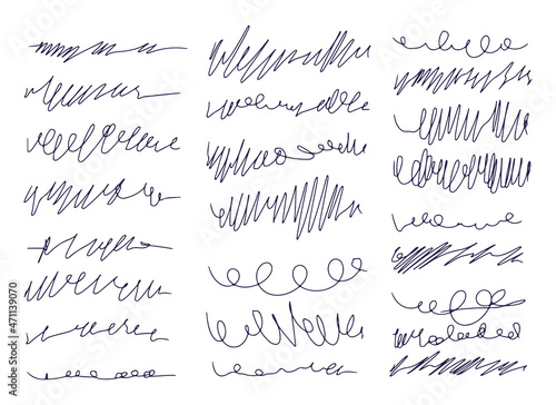Set of tangled dividing of doodle line art. Abstract hand drawn flourish pens. Chaotic scribble knot. A sketch of the shape tangle of chaos. Collection vector illustration of twisted wires.