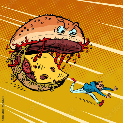 Cheeseburger monster character eats a human. Dangerous fast food. Food Attack