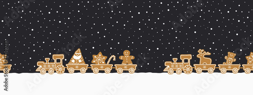 Gingerbread trains. Seamless border. Christmas background. There are trains with sweets on a dark blue background. There are santa claus, gingerbread man, deer, stars and candies here. Vector