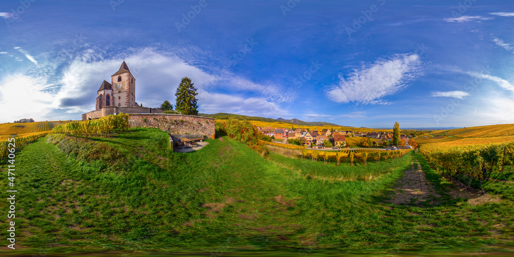 Panorama sphérique à 360 degrés Eglise Fortifiée St Jacques du XIVème siècle - Hunawihr route des Vins d'Alsace - France